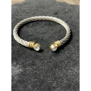 Two Tone Silver Gold Cable Wire Cuff Bracelet with Clear Crystal Accents Womens
